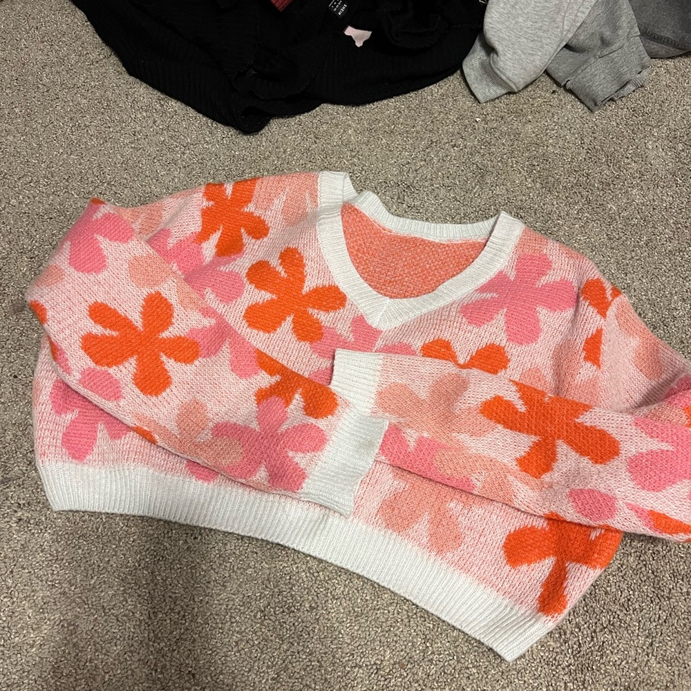 Floral V-Neck Sweater - Pink and Orange